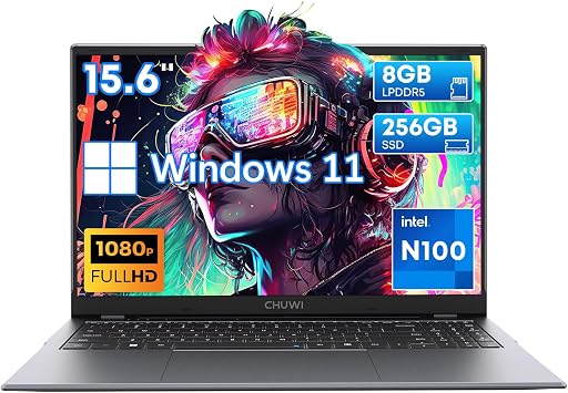 CHUWI 15.6 inch Laptop, 8GB LPDDR5 RAM 256GB SSD, Intel N100Beat N95/N5095, 3.4GHz, Windows 11 Laptops PC, FHD 2K IPS Display, 1TB SSD Expand, RJ45, WiFi 6, BT5.2, HDMI, USB3.0, Webcam
