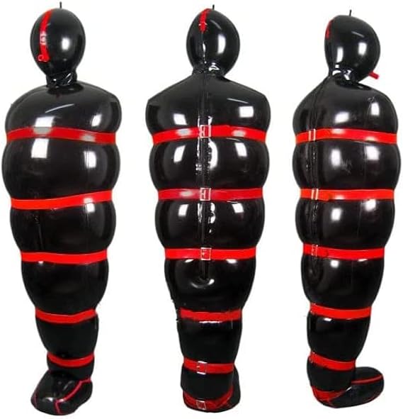 Sexy Full Body Black Latex Catsuit Inflatable Sleeping Sack Bag with Red Straps and Zipper,Custom Color,Small