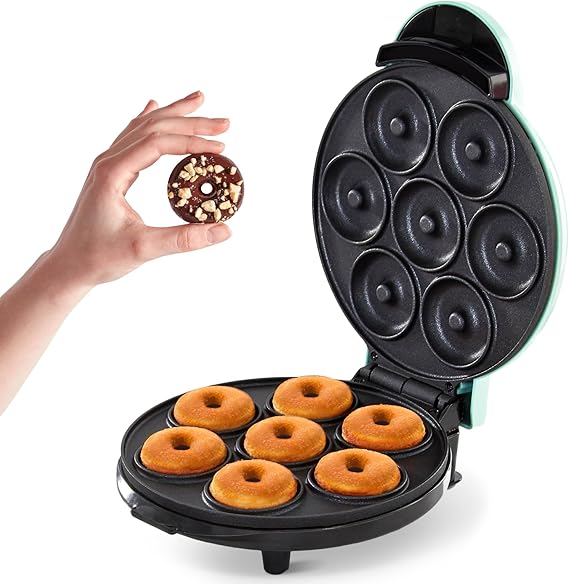 Dash Express Mini Donut Maker - Homemade Dessert Maker - Features Double-Sided, Non-Stick Surface & Space-Saving Design - Makes 7 - Aqua