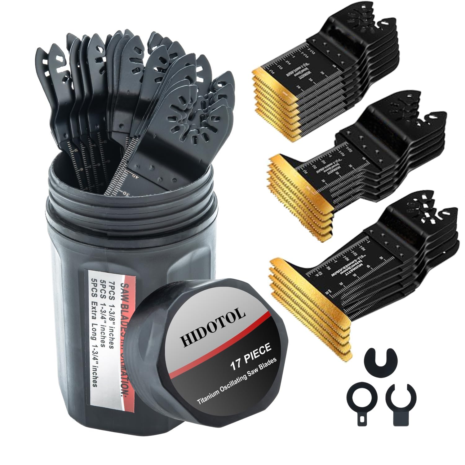 HIDOTOL 17 PCS Titanium Oscillating Saw Blades Universal Multitool Blades for Cutting Hard Material, Metal Nails, Wood, Plastic, Oscillating Tool Blades Kit fit in Sturdy Round Case