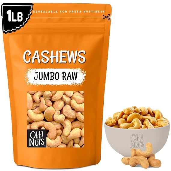 Oh! Nuts Raw Cashews Bulk, Jumbo Whole Unsalted Cashew Nuts, 1 LB | Premium unsalted cashews bulk - Jumbo whole cashews raw, cashew nuts with creamy texture, kaju for snacking & baking