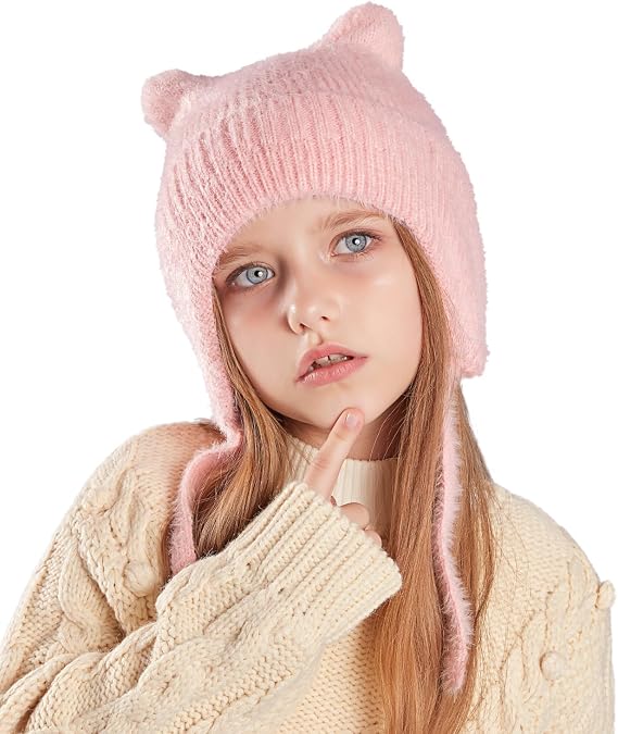Kids Beanie Hat for Winter with Earfalp Children Cute Cat Ears Toddler Girls Boys Warm Wool Knit Ear Flap Cap