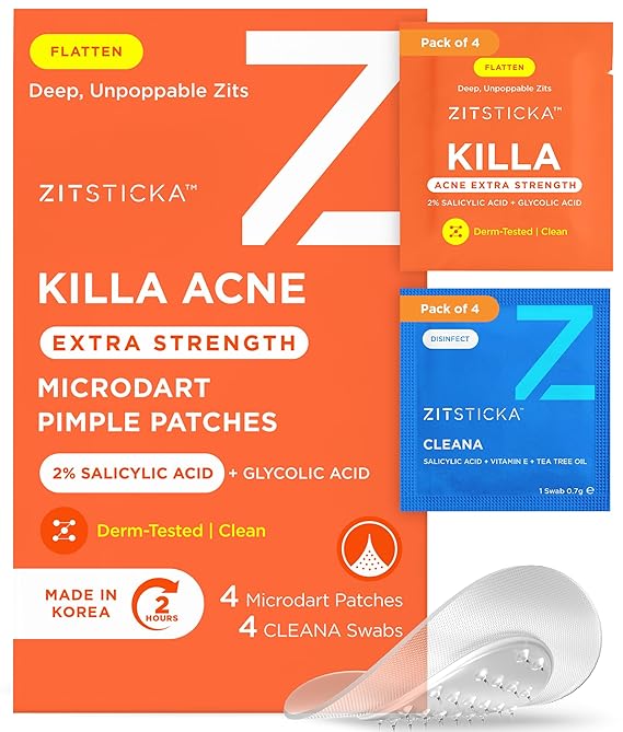 ZitSticka Killa Acne Extra Strength Microdart Pimple Patches For Face, 4 Ct | OTC Acne Treatment with 2% Salicylic Acid, Visible effect in 2 hours, Individually-sealed Aluminum Pouches, All skin type