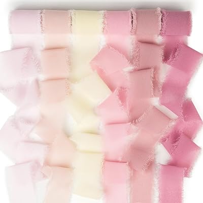 Pink Chiffon Ribbon 1 Inch x 3Yds Pastel PinkPeachCreamBlushing RoseDusty RoseRosy Mauve Handmade Fringe Chiffon Silk Ribbon for Wedding Invitation Flower Bouquets Gift Wrapping Bridal Shower