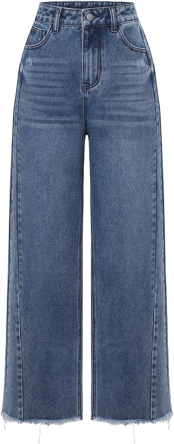 Women's High Waisted Jeans Trendy Strechy Wide Leg Side Seam Frayed Hem Baggy Work Denim Pants