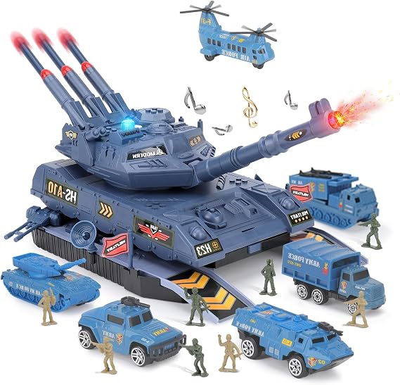 Youlechen Army Toys - 6 Pcs Alloy Mini Vehicles & 8 Army Men, Military Tank Toys with Light & Sounds, Missiles, Gift for Boys 3-6 Years