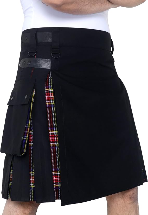 DSS KILTS- Men's Hybrid Black Cotton & Tartan Utility Kilts with Leather Straps-Plus Size Kilts for Men