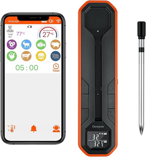 Wireless Meat Thermometer Digital Cooking Thermometer with Wireless Probe 500Ft Remote Range Food Thermometer with iOS & Android Read App -Preprogrammed Temperatures for BBQ, Oven, Grill