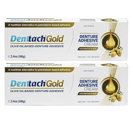 Denttach Gold Denture Adhesive, Petroleum Free Olive Oil Based Premium Denture Adhesive Cream for Full and Partial Dentures, All Day Secure Hold Denture Glue, Zinc Free, 2.4 Ounce (Pack of 2)