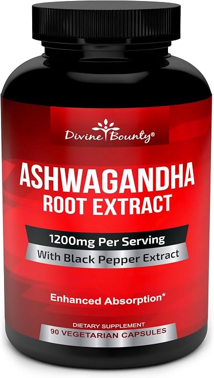Divine Bounty Ashwagandha Capsules - 1200mg & Black Pepper Extract, 90 Caps | Added Black Pepper Extract for Enhanced Absorption. Potent 1200mg Formula for Balanced Mood Support