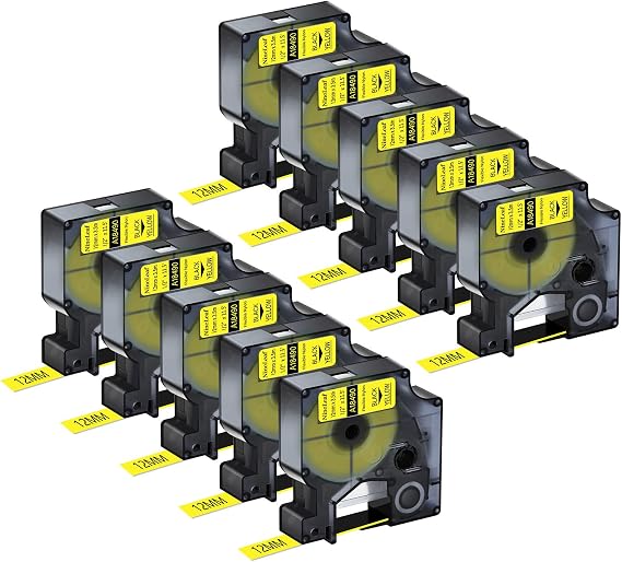 NineLeaf 10 Pack Compatible for DYMO Rhino 18490 Black on Yellow 12mm Flexible Nylon Industrial Label Tapes 1/2" x 11.5' for Rhino 5200 4200 1000 3000 5000 6000 Label Makers