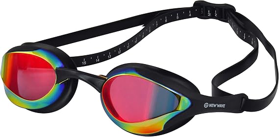 New Wave Swim Goggles with Protective Storage Case - Anti Fog Lenses, Four Nose Bridges for Triathlon & Open Water Swimming (Bonfire = Revo Lens Black Frame)