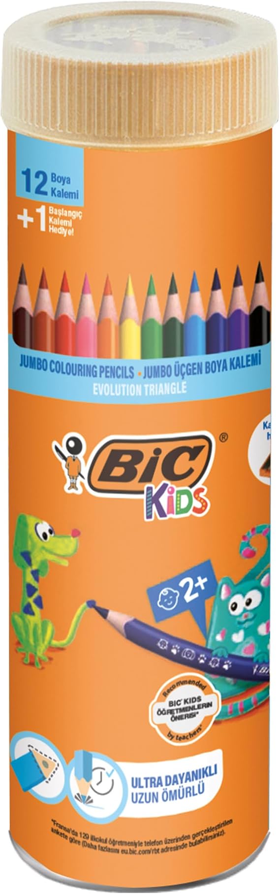 BIC Kids Evolution Triangle Jumbo Crayon 13-Piece Metal Tube, Triangle Design, No Splinters, Chew Resistant