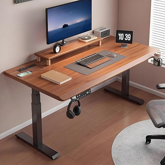 Standing Desk, Ergonomic Height Adjustable Computer Desk, with 3 Memory Preset, Stand Up Desk with Three-section Legs and Dual Motors, Easy to Assemble(Brown,55.1in/140cm)