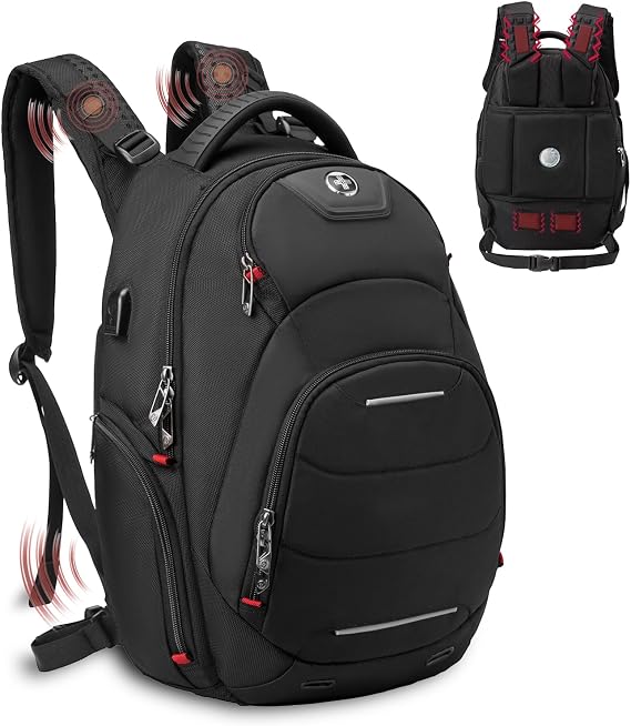 Swissdigital Design Laptop Backpack for Man and Woman, Fits 15.6 Inch Computer Bag with Convenient USB Charging Port and Vibrating Massager Shoulder Straps, Black | SD1003M-V1