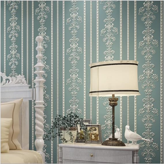 Q QIHANG Modern Simple European Striped 3D Embossed Damask Non-Woven Wallpaper Bedroom Living Room TV Background Wall 20.87" Wx393.7 L Non-Pasted (Dark Blue)
