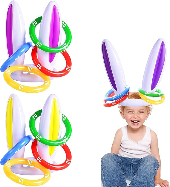 3 Pack Inflatable Easter Bunny Ring Toss Game with Score Ring - Easter Basket Essential for Kids Indoor Outdoor Rabbit Ears Toss Toy, Family Party Games School Carnival Activities(3 Set & 12 Rings)