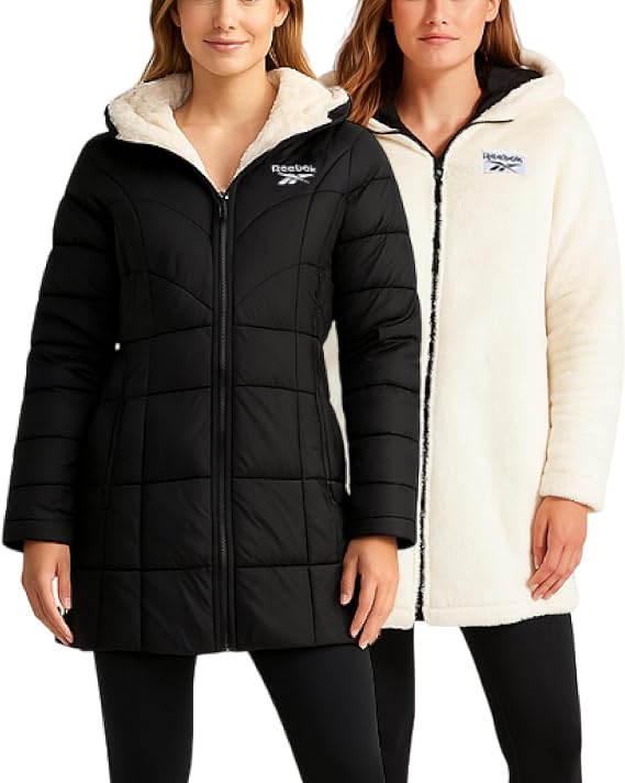 Reebok Womens Winter Jacket - Sherpa Fleece Lined Reversible Insulated Puffer Parka Winter Coats for Women with Faux Fur Hood