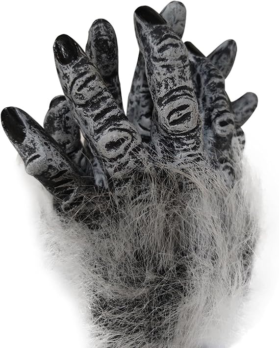 Werewolf Hand Costume Gloves White Hairy Wolf Claw Hands Paws Scary Hairy Hands Animal Furry Claw Paw Gloves Halloween Cosplay Party Costumes Props for Adults