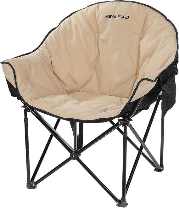 Oversized Camping Chairs Padded Heavy Duty Folding Support 400LBS | Comfy Lawn Chairs for Adults Outdoor Sports with PE Anti-Slip Foot Pads, Portable Quick Folding, Sturdy Steel Frame (Beige)