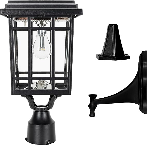 Gama Sonic Prairie Lamp Outdoor Solar Light, 15.75-inch Height, Mounts on Pole, Pier, or Wall; Aluminum and Glass Solar Lamp, Advanced Solar Panels, 115B50033 (Black)