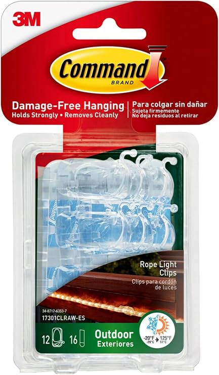 Command Outdoor Rope Light Clips, 12 Hooks and 16 Command Strips, Damage Free Hanging Christmas Decorations with Weather Resistant Strips, Wall Clips for Hanging Outdoor Lights and Cable Management