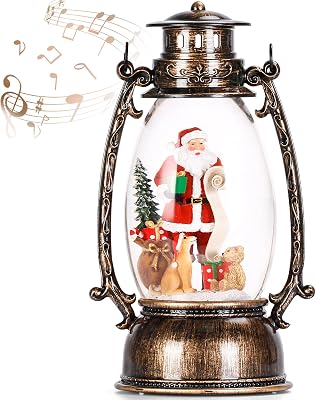 Christmas Snow Globes Musical with Santa Claus & Dog, Kikth Snowglobes Christmas Lantern Glitter Lighted for Christmas Decorations and Gift, Bronze