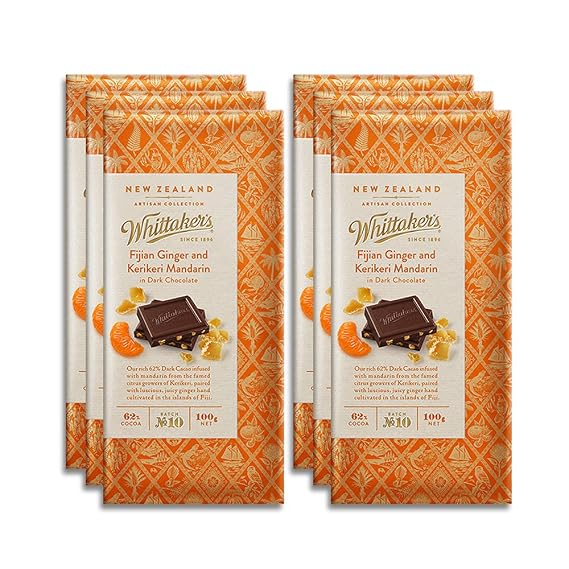 Whittaker's Fijian Ginger And Kerikeri Mandarin Dark 100g (Pack of 6) (Made in New Zealand)