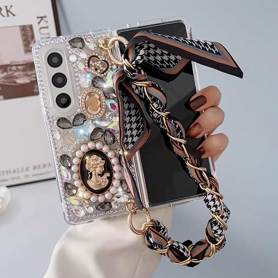 Omio for Galaxy Z Fold 7 Bling Case with Hand Chain Wrist Strap Bracelet Silk Scarf for Girls Women Sparkle Rhinestone Pearl Crystal Glitter Diamond Shockproof Cover for Galaxy Z Fold 7 Black