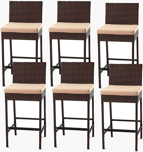 ECOTOUGE Outdoor Bar Stools, Wicker Woven Patio Stools & Patio Bar Chairs with Seat Cushion and Cozy Footrest, Rattan Furniture Armless Counter Height for Pool Lawn Porch Backyard (Set of 6, Brown)