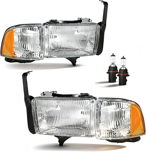 Headlights for 1994-2001 Dodge RAM 1500, 1994-2002 RAM 2500 3500 with Bulbs | Fits Non-Sport Models, OE-Style Halogen Headlamps with Chrome Housing Amber Reflector
