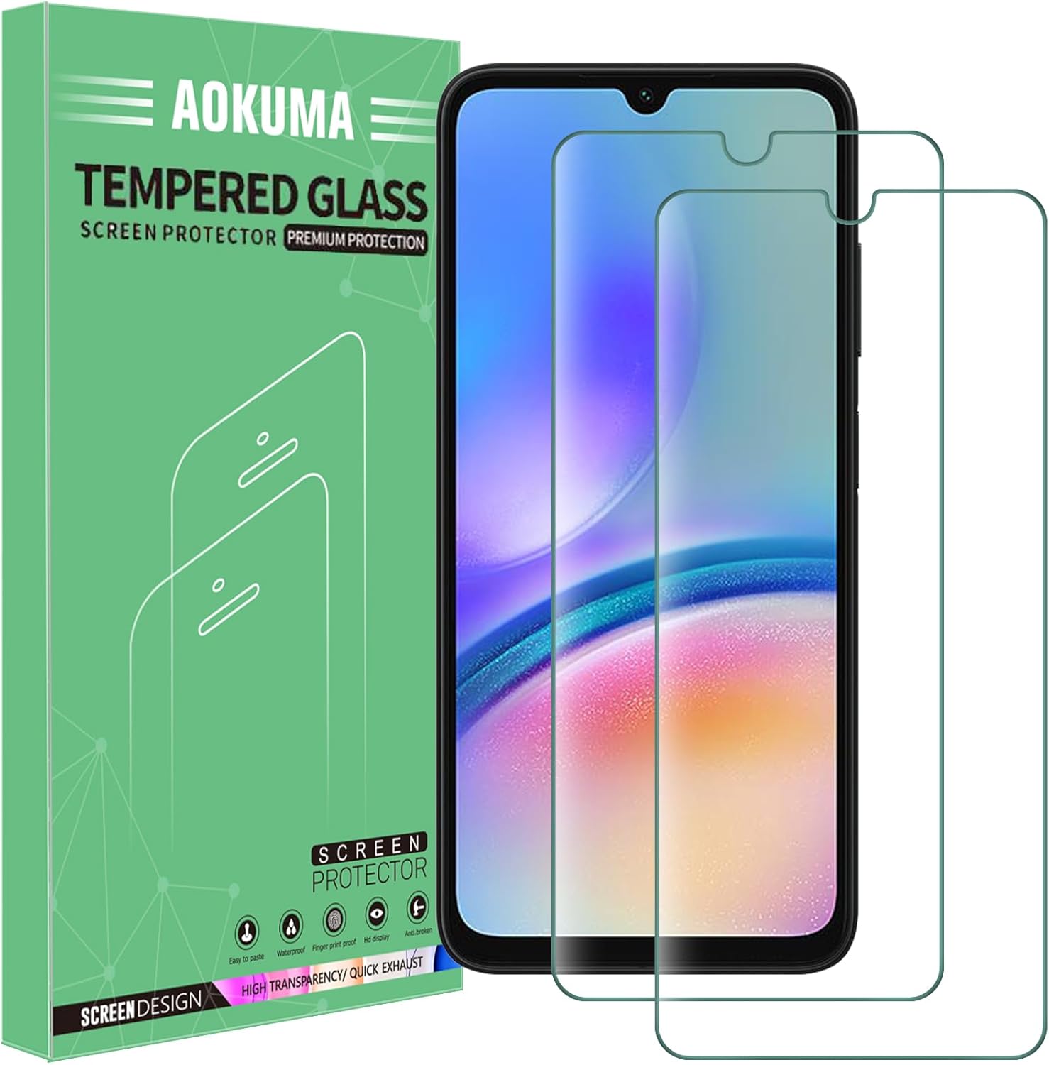 AOKUMA Tempered Glass for Samsung Galaxy A05A05S Screen Protector, [2 Pack] Premium Quality Guard Film, Case Friendly, Shatterproof, Shockproof, Scratchproof oilproof