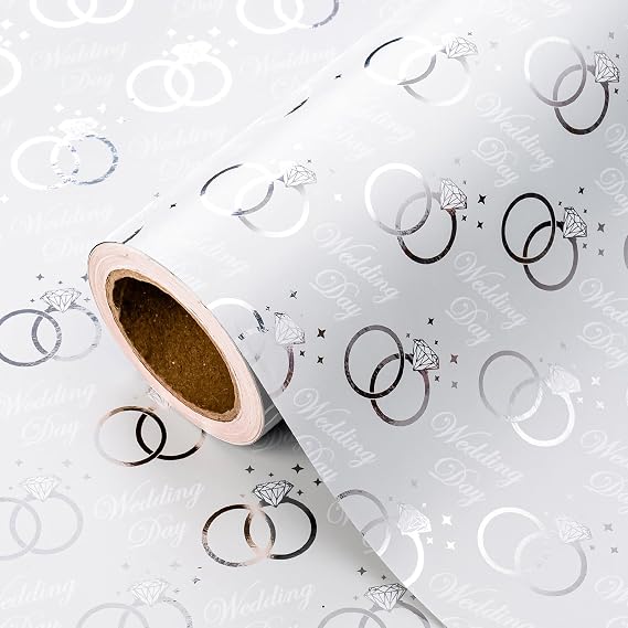 WRAPAHOLIC Wedding Wrapping Paper Roll - Mini Roll - 17 Inch x 33 Feet - Silver Foil Diamond Ring and Wed Day Lettering Design Perfect for Wedding, Celebration, Party