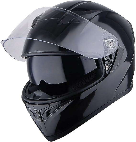 1STorm Motorcycle Street Bike Dual Visor/Sun Visor Full Face Helmet Mechanic Glossy Black, Size X-Large Size XL (59-60 CM,23.2/23.6 Inch)