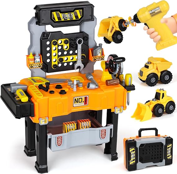 Lehoo Castle Kids Tool Bench with Electric Drill, Realistic Tools, Trucks | 2 in 1 Construction Workbench and Tool Box, Toddler Tool Bench Set with Take Apart Trucks, Tool Workshop Playset for Ages 3-5