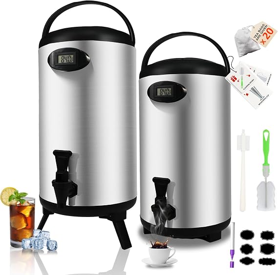 Insulated Beverage Dispenser 3 Gallon, Hot Drink Dispenser with 304 Stainless Steel Interior, Hot Water Dispenser for Parties, Hot Water Urn with Stand for Coffee Chocolate Tea Milk,2 Pc, Silver,NEW