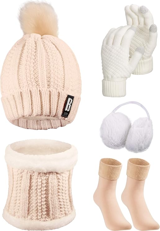 SATINIOR 5 Pcs Winter Hat Scarf Gloves Set Fleece Warm Lined Knit Beanie Hat Touch Screen Earmuff Gloves Warmer for Women