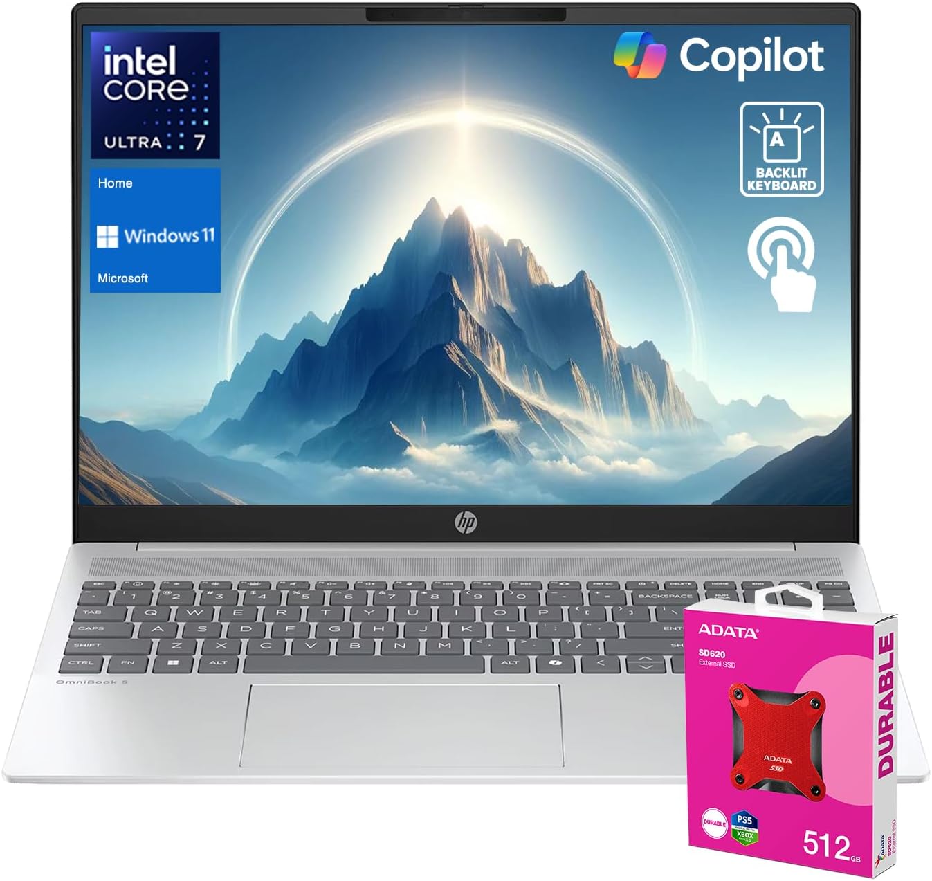 HP OmniBook 5 Business Laptop 2025 Copilot, 16 FHD Touchscreen, Intel Core Ultra 7 255U, 32GB Onboard RAM Only, 1TB SSD, Backlit KB, Wi-Fi 6, W11H, Next Gen AI, Bundle with ADATA 512GB External SSD