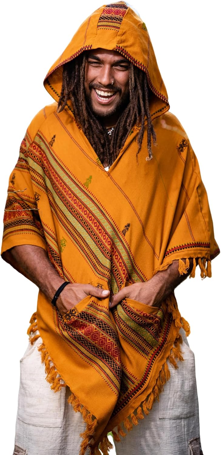 AJJAYA HODDI Mens Hooded Poncho Pockets Tribal Embroidery Celtic Festival Rave Mexican Primitive Large Hood