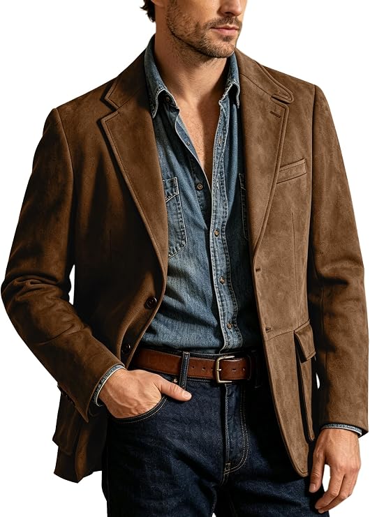 Men Blazers Suede Suits Jackets for Mens Retro Sport Coats Casual Slim Fit