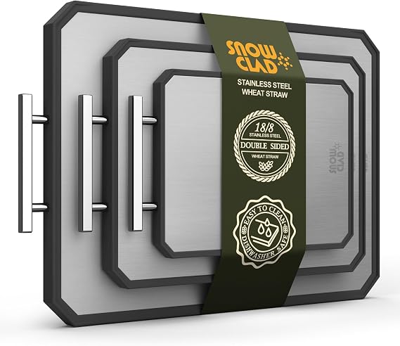 EXTRA LARGE Stainless Steel Cutting Board Set of 3 for kitchen | Non Toxic Metal Cutting Board,Double Sided Stainless Steel/Wheat pp Large for meat Dishwasher Safe,20*13.8+16*11+12*8.3 Inch