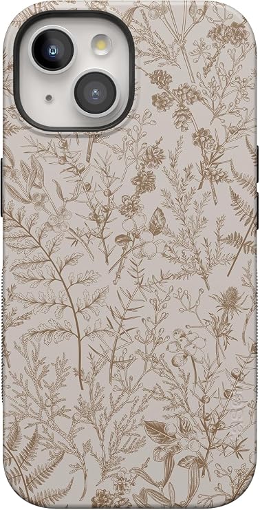 Casely iPhone 15 Plus Case | Beige Garden | Neutral Floral | Bold Protective Design | Compatible with MagSafe