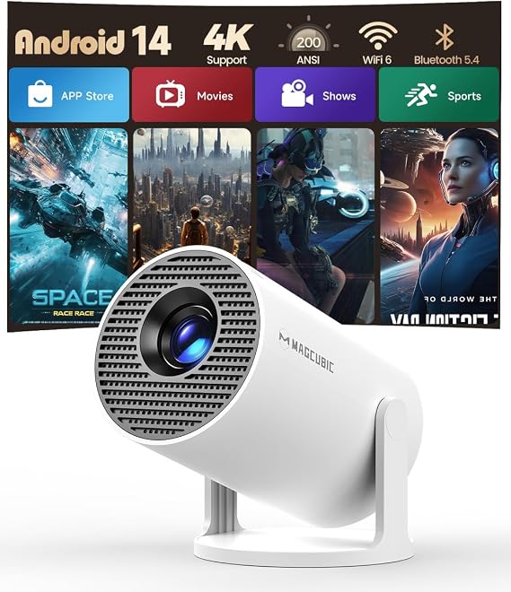 Magcubic Mini Beamer 4K Unterstützt Android 14 Smart Projector 5G WiFi 6 BT 5.4 Mini Projektor Full HD 1080P Unterstützt 200ANSI 8000L Auto Horizontal Trapezoid Correction (weiß)