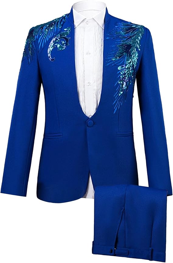 Mens 2 Pieces Luxury Embroidered Suits 1 Button Print Dinner Tuxedo Jacket Prom Wedding Elegant Blazer Dress Suit