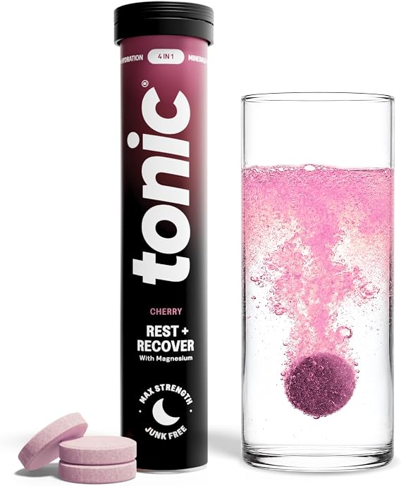Tonic Health Rest and Recovery Effervescent Tablets - 300mg Elemental Magnesium, Ashwagandha, Lemon Balm - No Sugar, Magnesium Glycinate - Relax and Recharge, Calming Cherry 20 Count