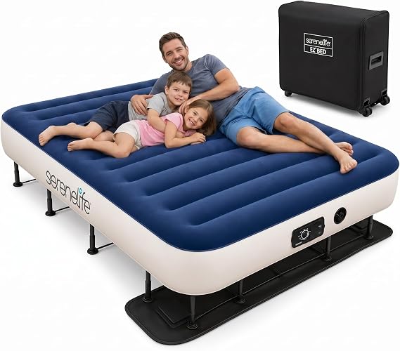 SereneLife EZ Bed Queen Air Mattress with Frame, Self-Inflating Raised Guest Bed with Built-in Pump, Rolling Wheeled Case, Portable Blow Up Airbed for Hosting, Travel, Guest Rooms