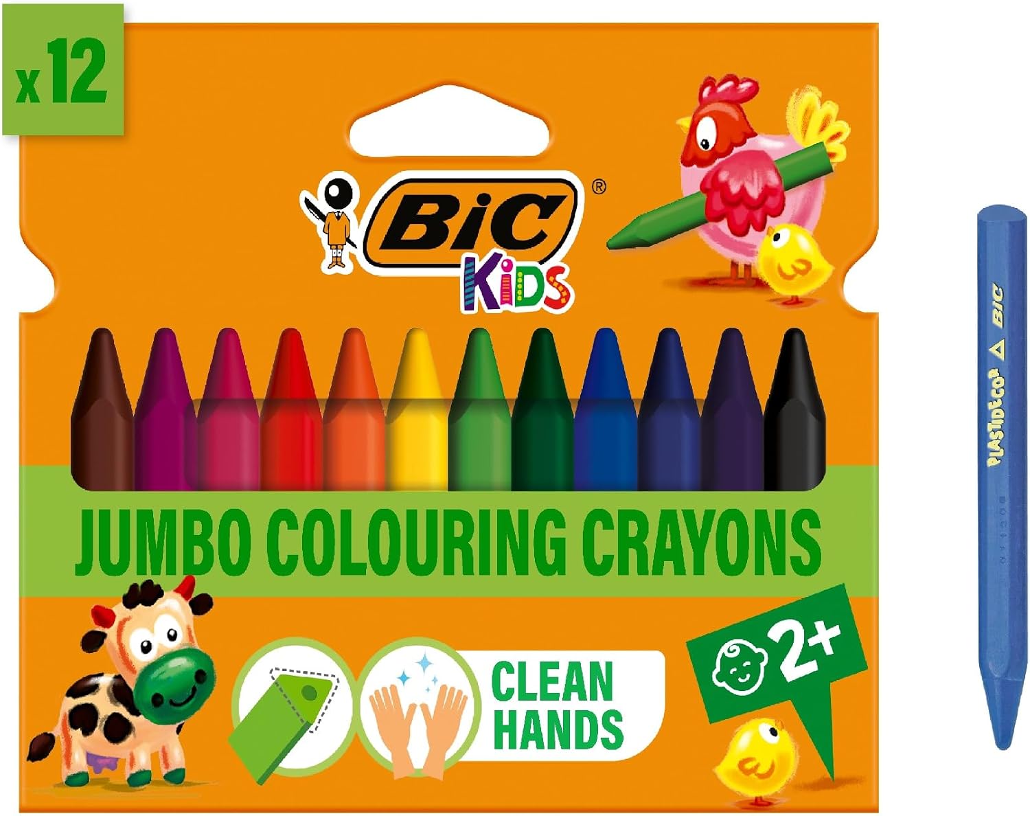 BIC Plastidecor Hand-Proof Triangle Pastel Paint, 12-Piece Box, Does Not Paint Hands, Ideal for Children Over 30 Months