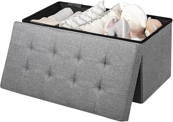 Folding Storage Ottoman Bench, Fabric Footrest w/Removable Storage Bins & Padded Seat, Storage Organizer Chest Box w/Lid for Living Room, Bedroom, Hallway, Entryway (Sliver)