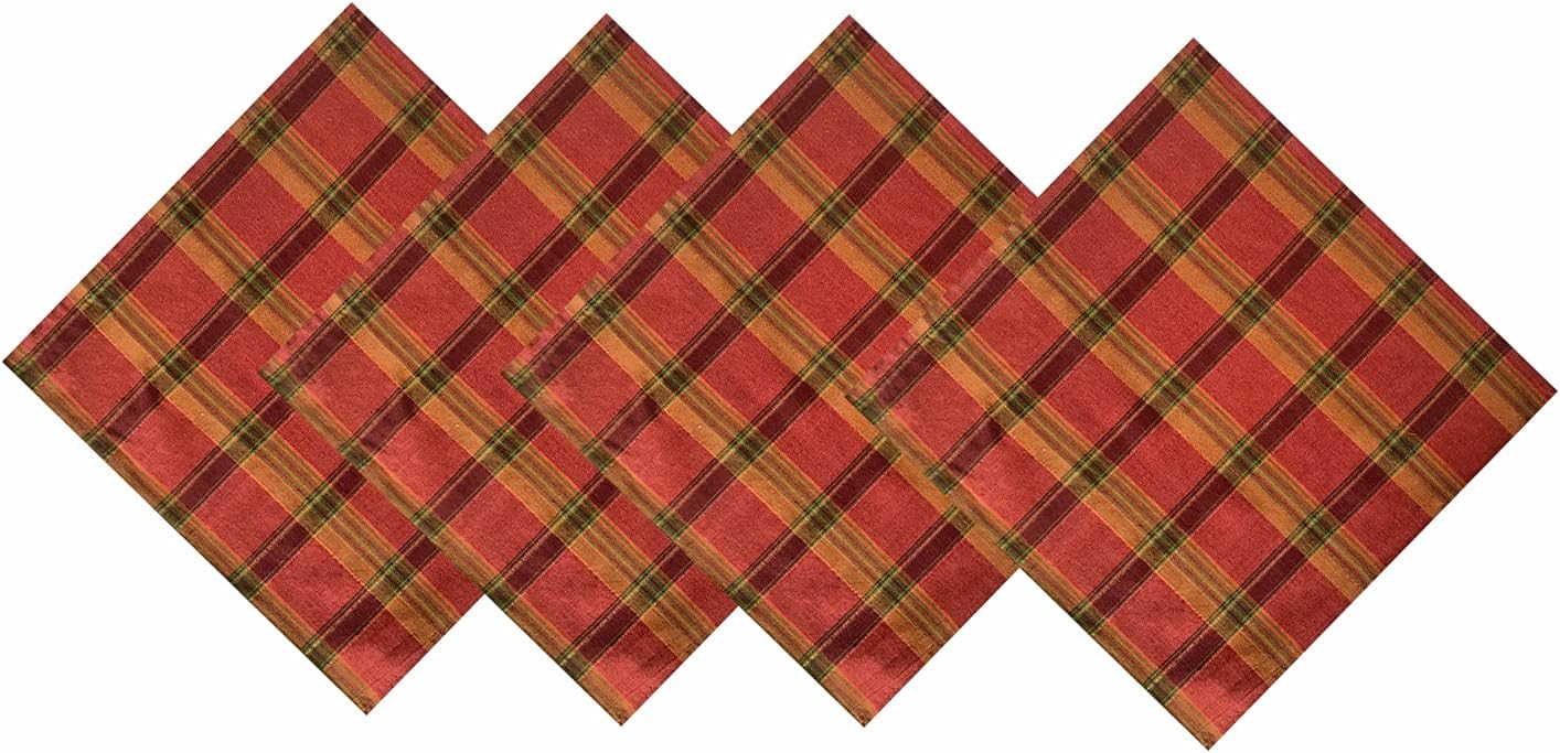 Lintex Autumn Shimmer Plaid Thanksgiving Fabric Napkins, Contemporary Copper Metallic Plaid Easy Care Cotton Weave, Set of 4 Napkins
