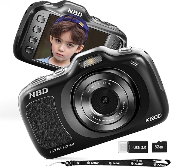 NBD 64MP Digital Camera for Photography 4K Point & Shoot Camera 16x Zoom Compact Travel Camera Auto Focus Camera for Beginners Teens Kids Lover Gift with 32GB TF Card Black